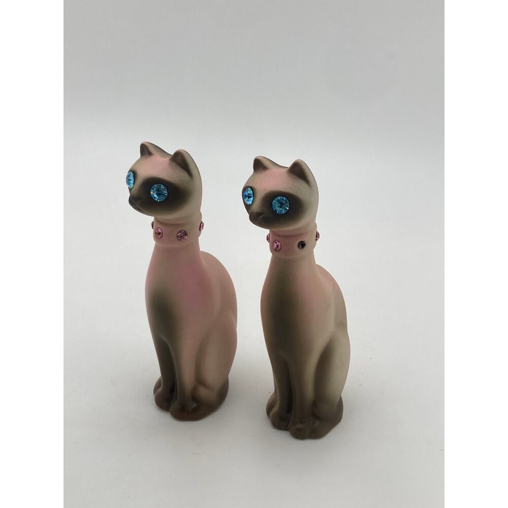 Vintage Pink Siamese Cat Figurines Pair Rhinestone Eyes & Collars